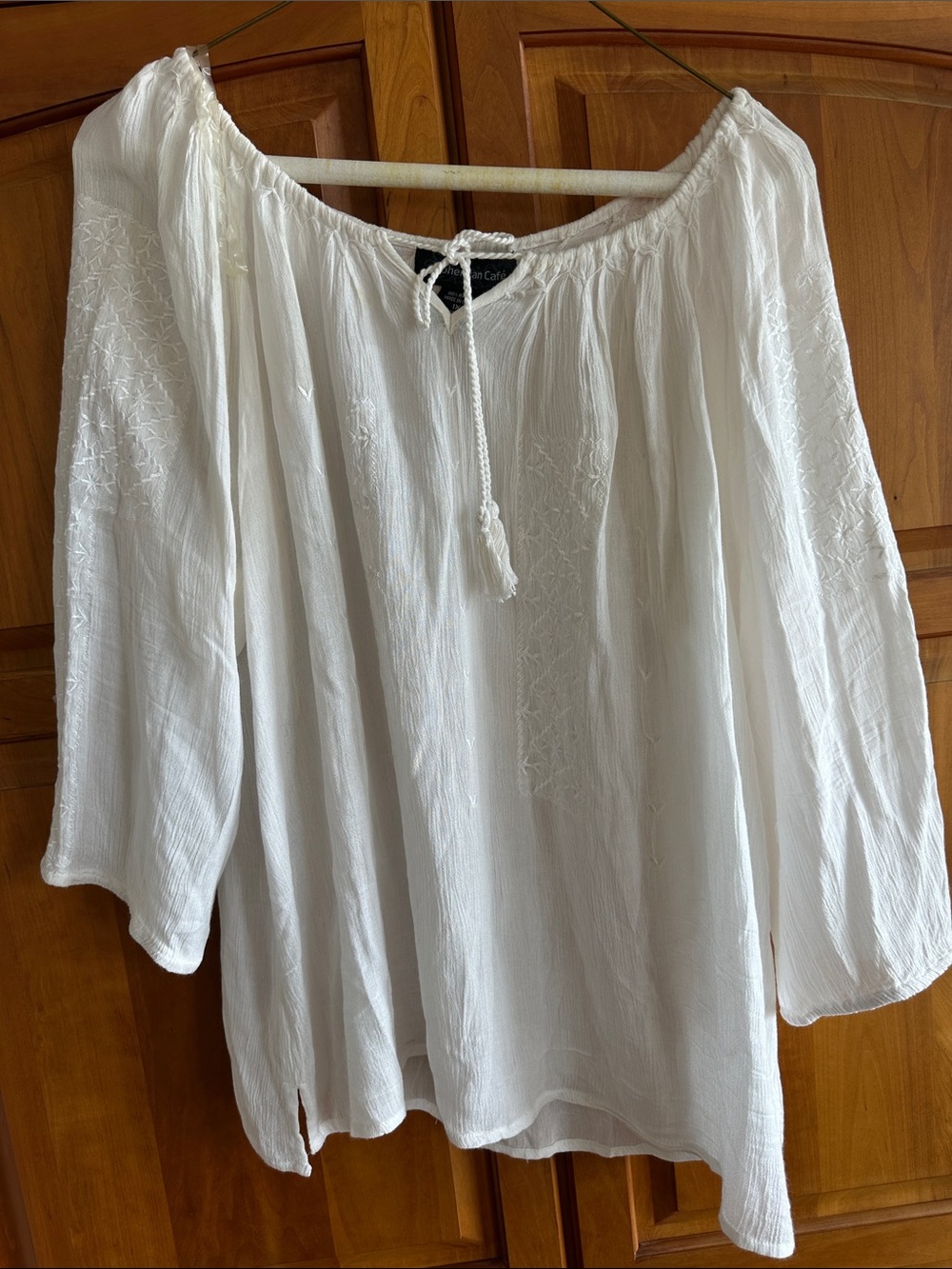 Women's White/Rayon, 1X, Cream Embroidered Tunic w/Tassel Tie, 27" long, 27" PTP